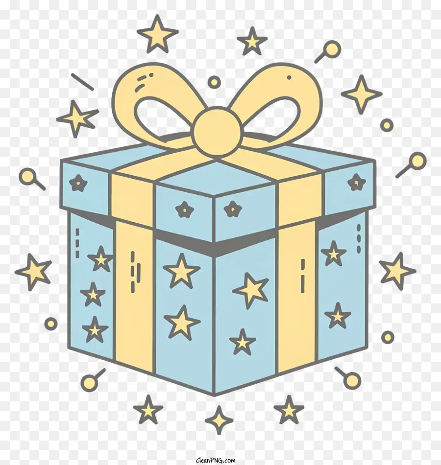 Geschenkbox - Geschenkbox mit blauem Bogen auf weißem Hintergrund, umgeben von Sternen in kreisförmiger Formation