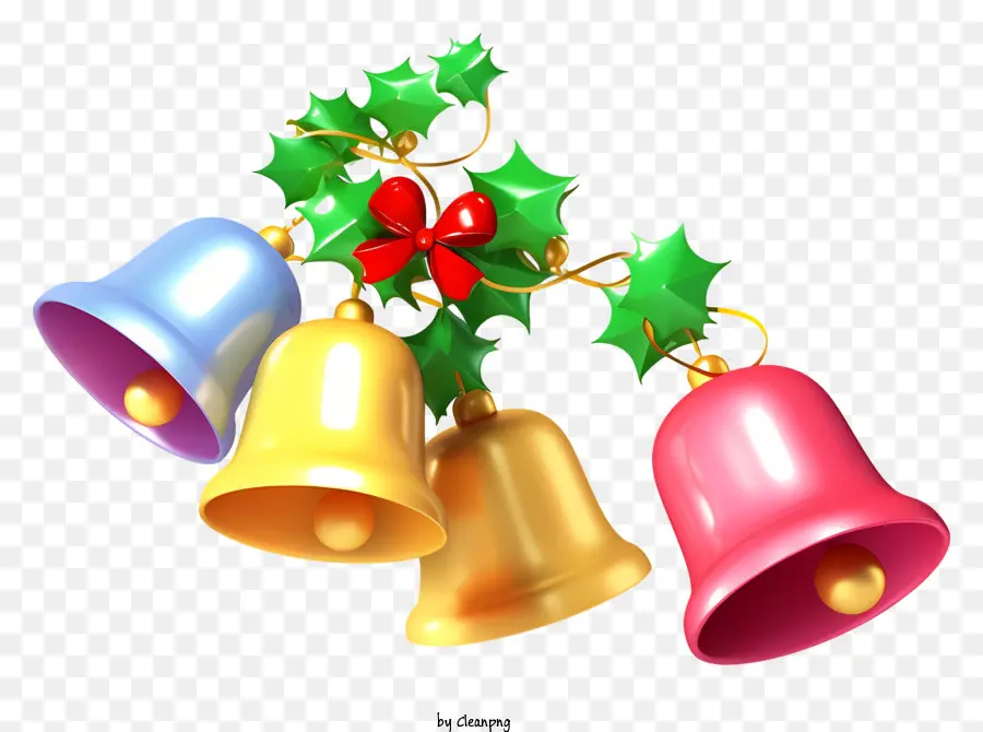 Weihnachtsdekoration - Farbenfrohe Glocken und Stechpalme auf schwarzem Hintergrund