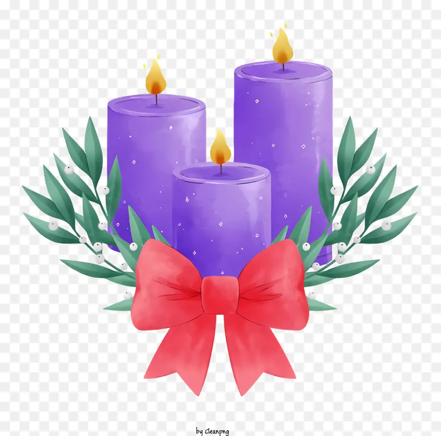 Weihnachtsdekoration - Drei lila Kerzen in Stechpalmenkranz mit Schleifen