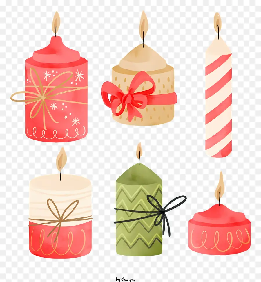 Weihnachtsdekoration - Sechs verschiedene Kerzen im schwarzen Hintergrund zu Weihnachtsmotiven