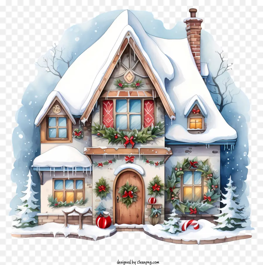Ngôi nhà ấm cúng lò sưởi nhà cũ kỹ trên mái nhà tuyết - Ngôi nhà cổ điển ấm cúng với tuyết, lò sưởi và vòng hoa