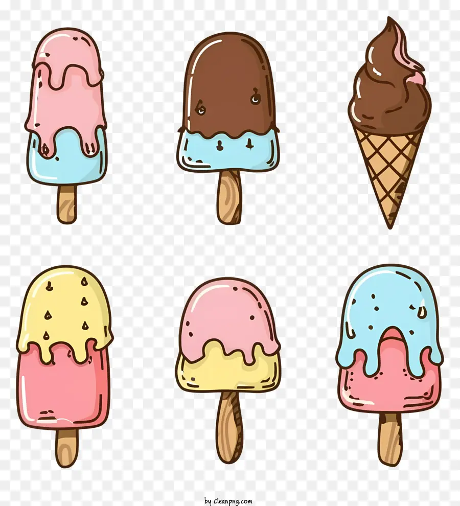 Coni Gelato - Coni gelati con condimenti colorati in stile cartone animato bianco e nero
