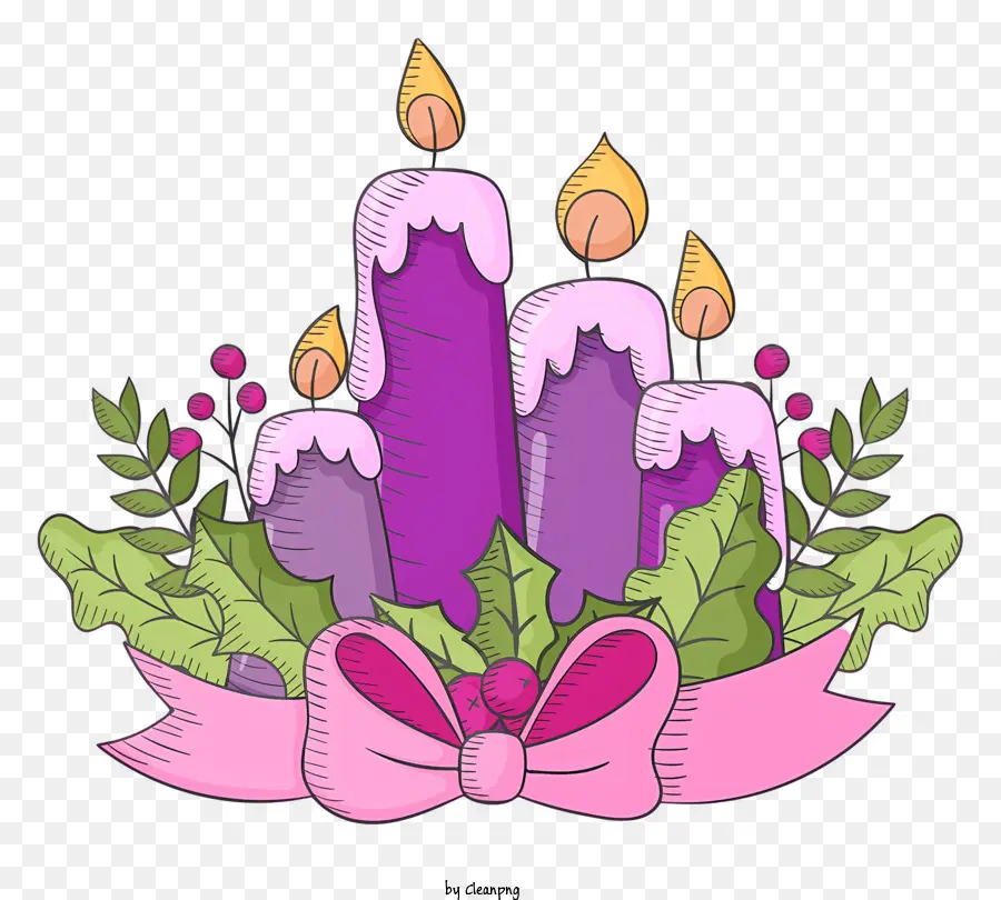 Candela viola Pink e nastri verdi foglie aghi di pino di ramo - Candela viola simile a cartone animato con decorazioni colorate