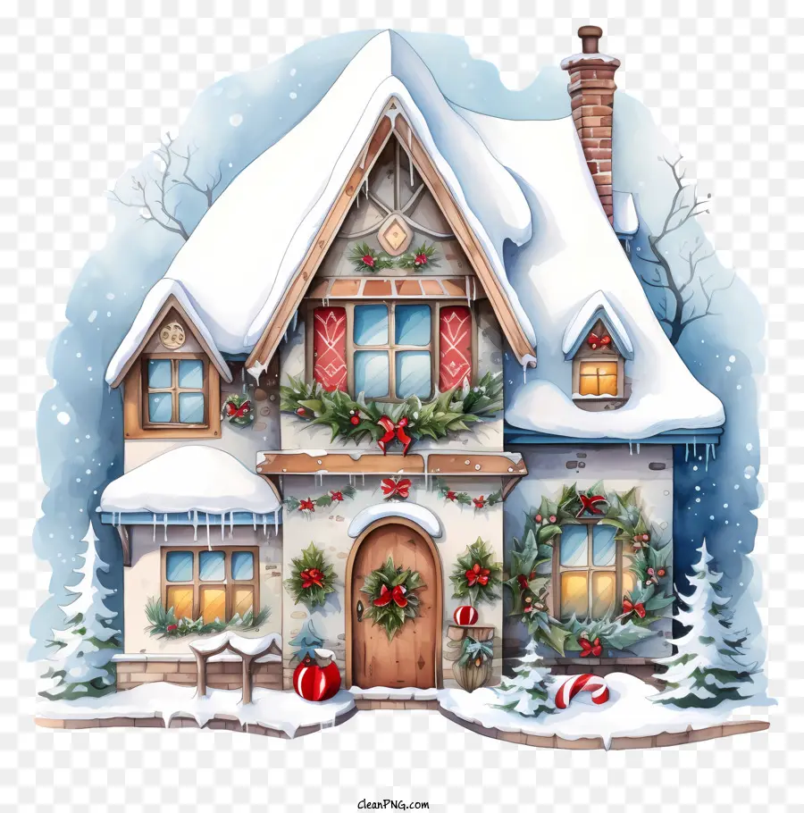 winter Haus - Schneehaus mit Kränzen und offener Tür