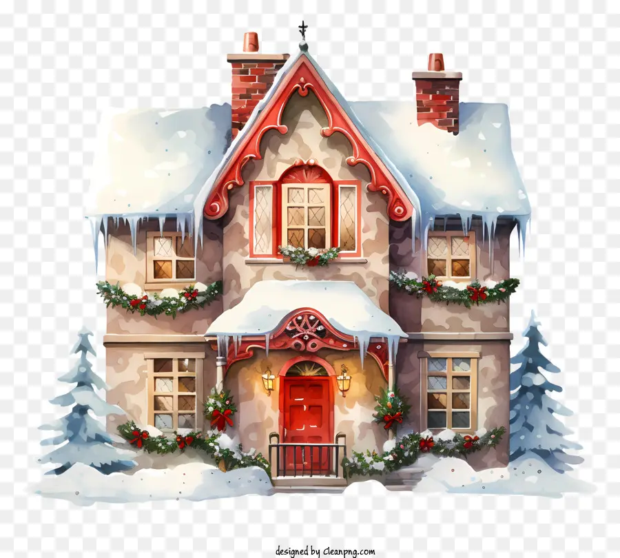Weihnachtsdekoration - Winterszene mit verziertem Haus, schneebedeckte Bäume