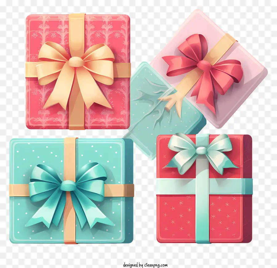 scatole regalo nastri rosa fiocchi di colori vibranti sfondo scuro - 3 scatole regalo colorate con nastri rosa