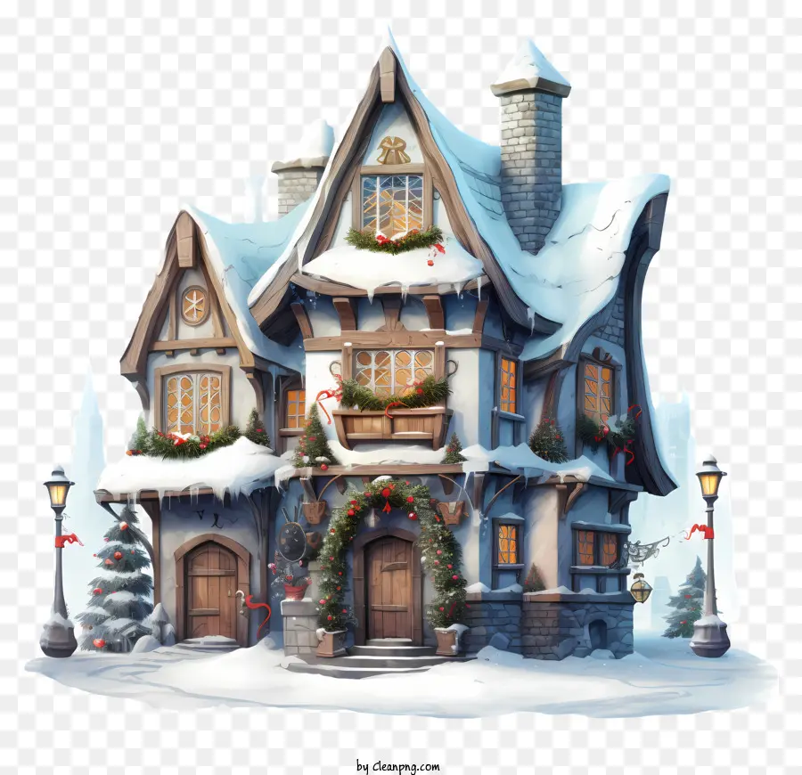 Snowy House Winter Village Paesaggio coperto di neve Piccola Snow House Inverno Scena - Piccola casa innevata con giardino e lampione