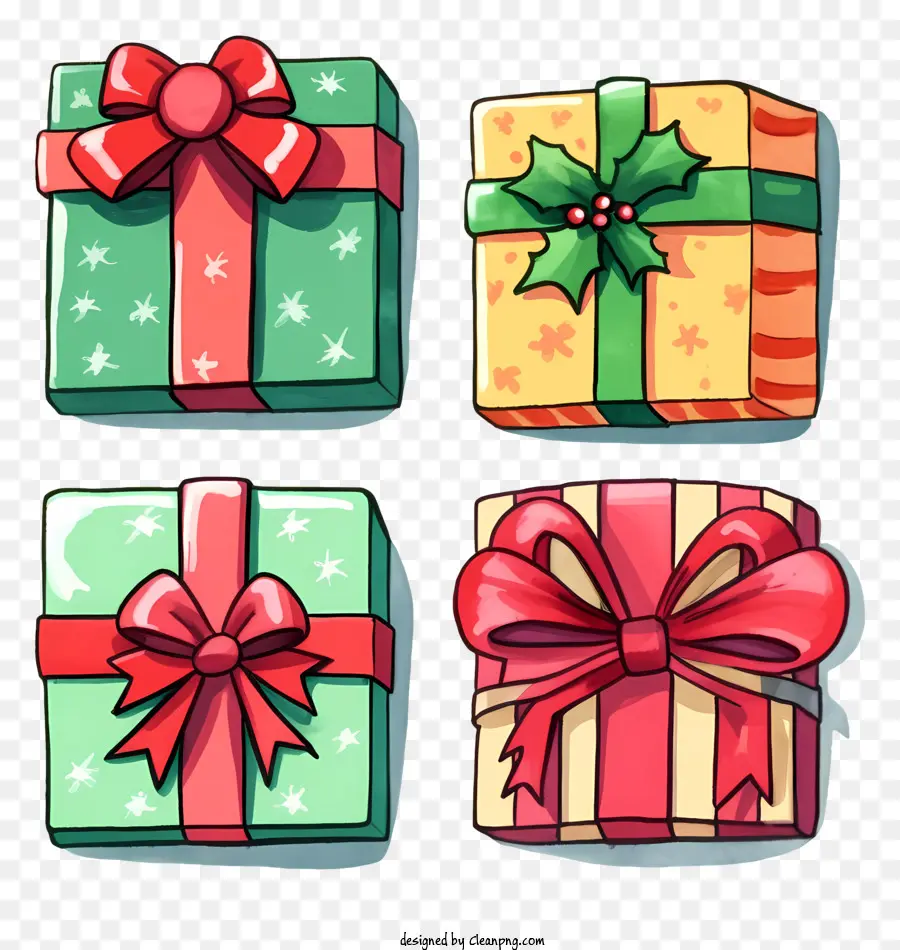 Buntes Präsentationsband und Bögen Geschenkverpackung grünes Geschenk rote Gegenwart - Vier farbenfrohe Geschenke mit passenden Bögen oben