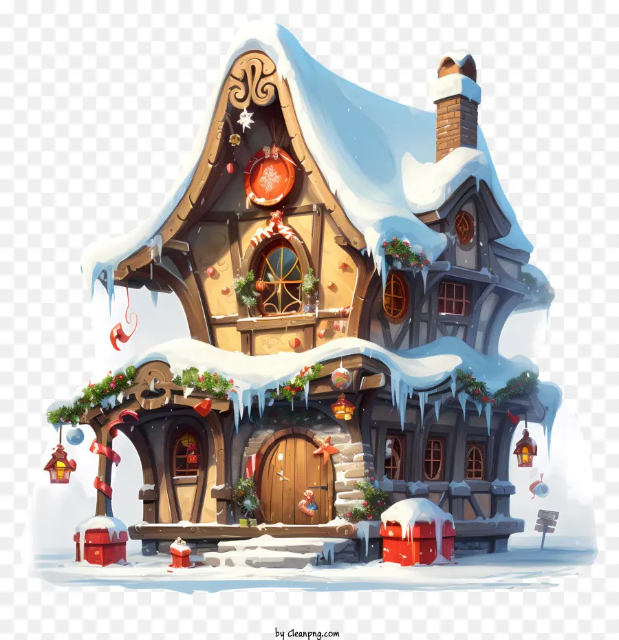Weihnachtsdekoration - Schneebedeckter Cottage mit festlichen Außendekorationen