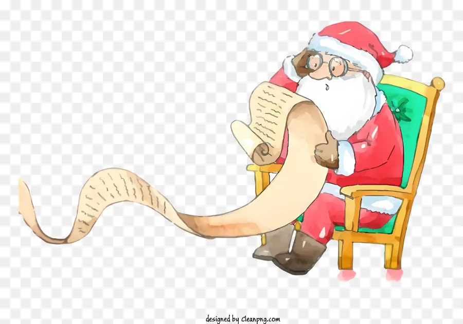 Weihnachtsmann - Der Weihnachtsmann liest einen Brief auf einem Stuhl