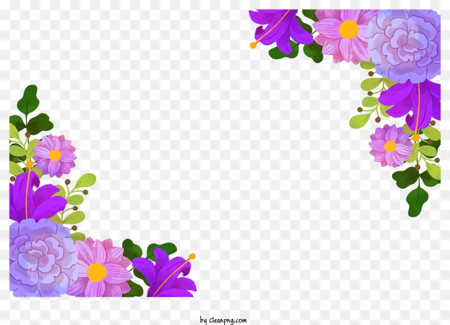 schwarzer Rahmen - Flach, schwarzrahm, Blumenarrangement mit lila und rosa Blumen, grüne Blätter, keine Schattierung