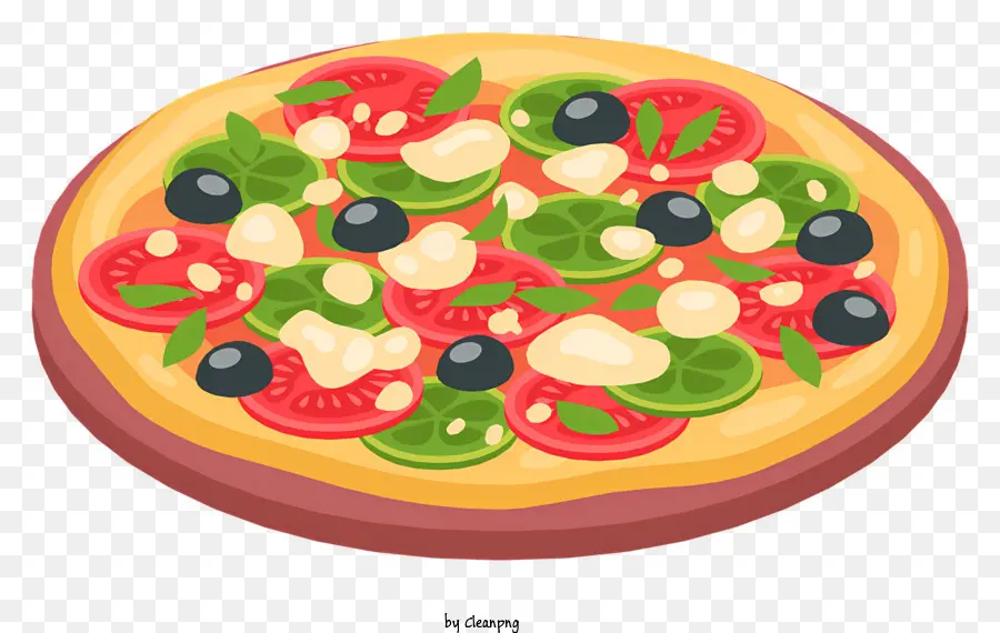 Pizza -Toppings Oliven Pilze Tomaten Grüne Farbschema - Bunte Pizza mit ausgewogenen Belägen, einladendes Marketingbild