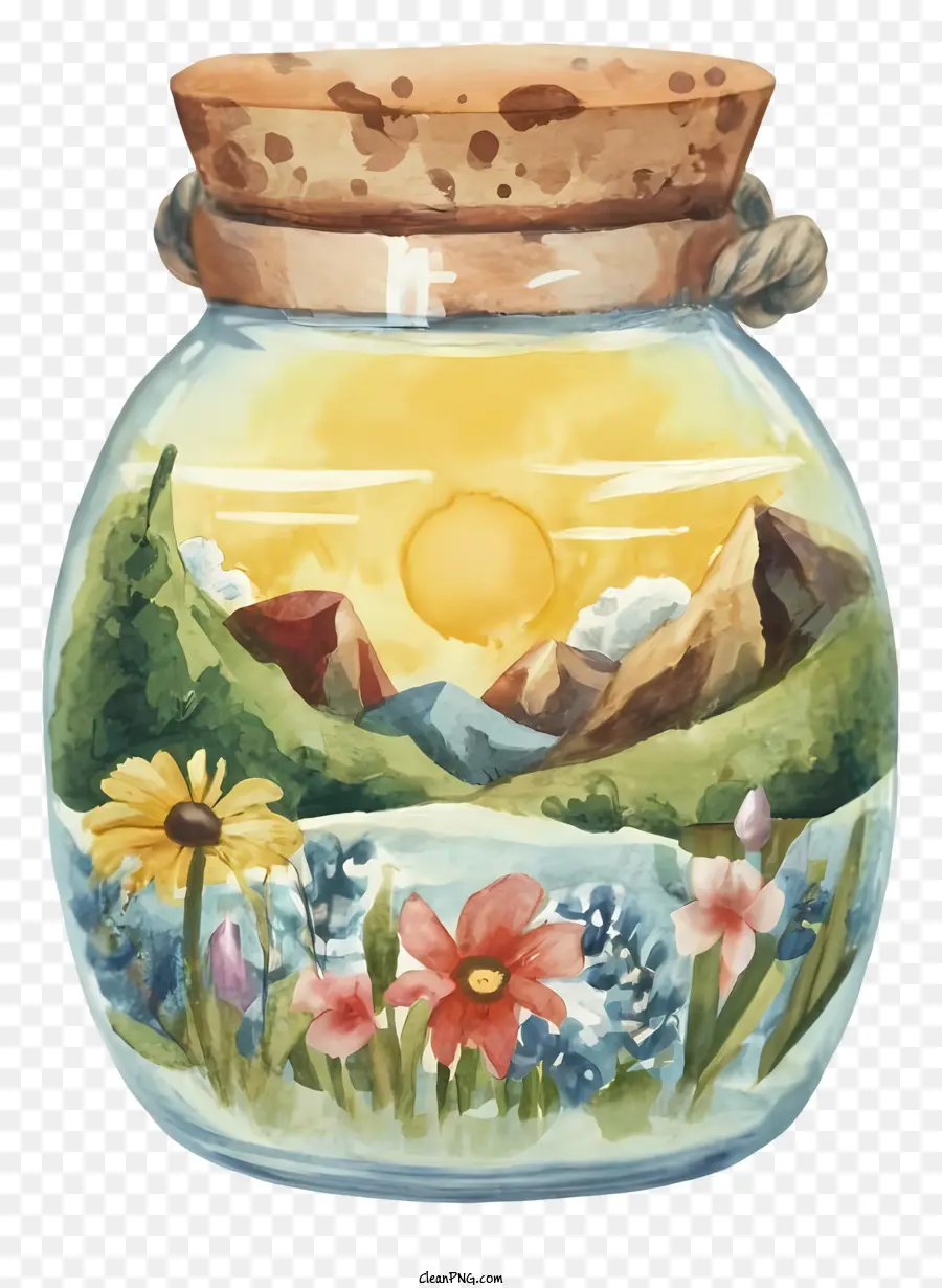 watercolor painting small jar of water flowers sunset wooden stand
