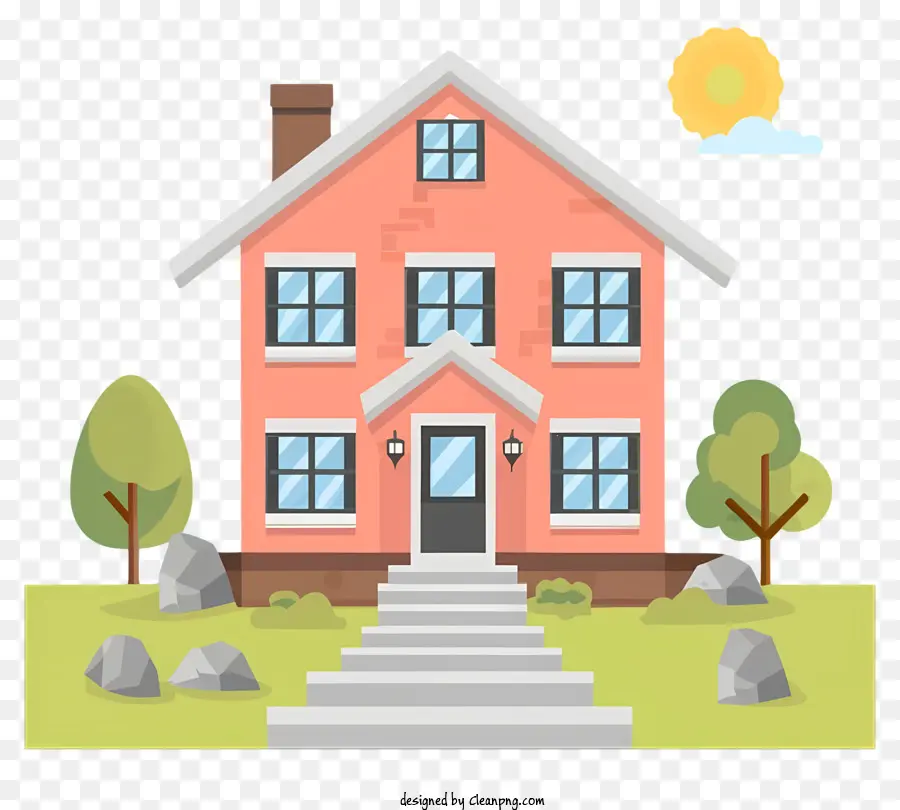 piccolo albero - Casa a due piani rosa con tetto rosso e porta bianca