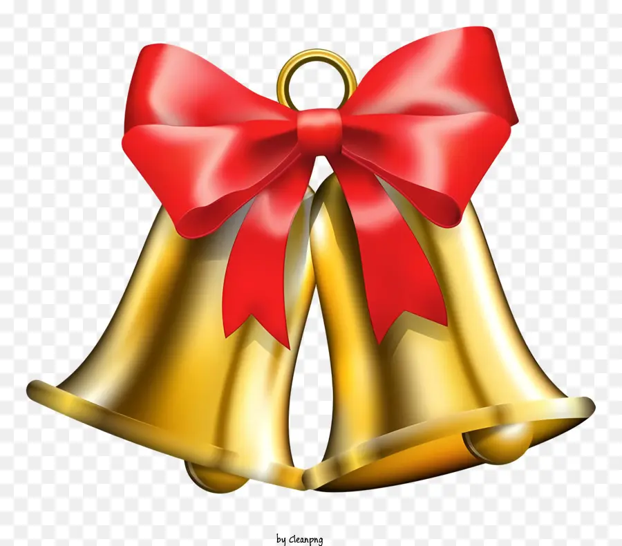 Weihnachtsdekoration - Zwei goldene Glocken mit roten Bögen hängen