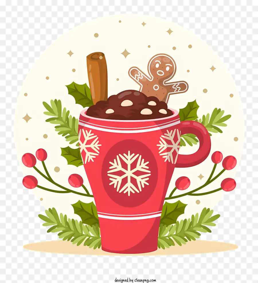 Heiße Schokoladen -Schlagsahne -Zimtstangen Stechpalme Blätter Beeren - Gemütliche festliche Tasse heißer Schokolade mit Zimt