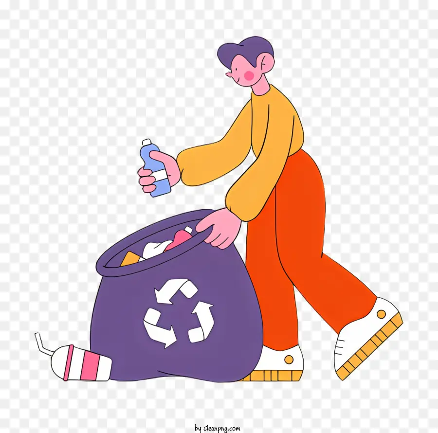 Plastiktüte - Cartoon -Charakter, der mit Tasche vom Müll weggeht