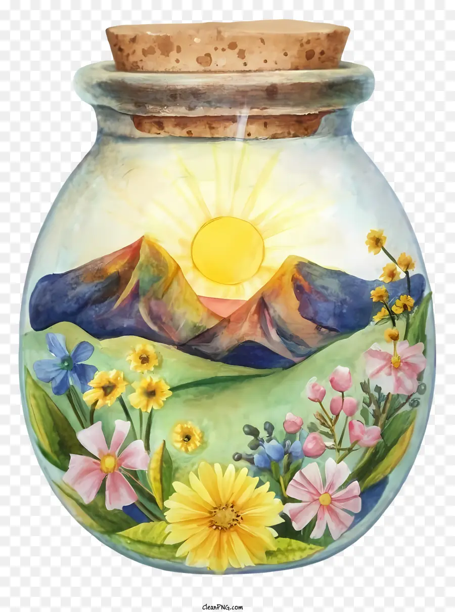 glass jar wildflowers table decoration mountain scenery sunshine