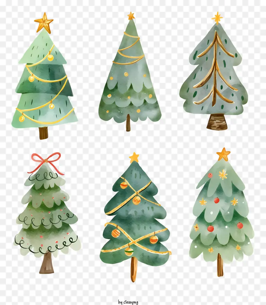 Weihnachtsbaum - Aquarellbild von sieben Weihnachtsbäumen mit Dekorationen
