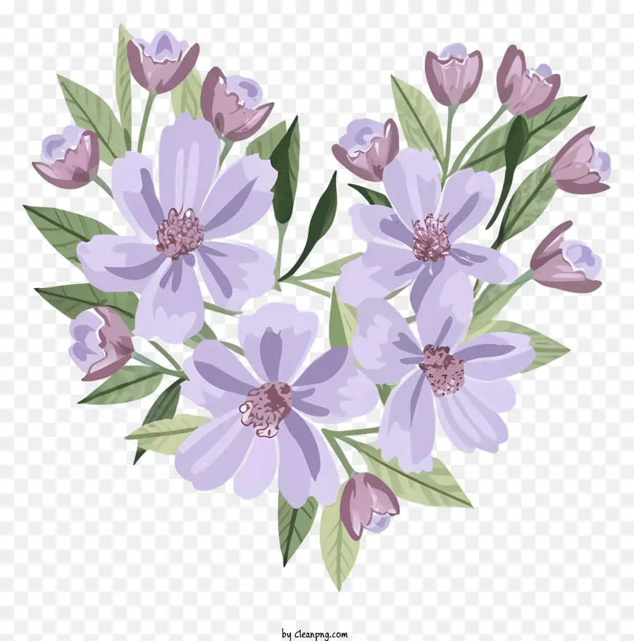 Floral Herz - Realistische herzförmige lila Blütenanordnung mit Blättern