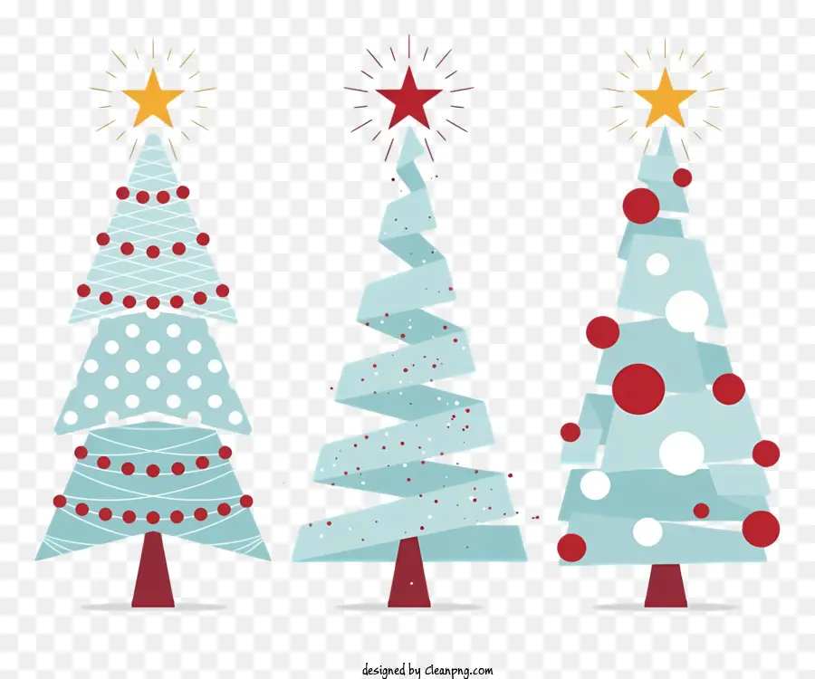 Trang trí cây thông giáng sinh - Ba cây Giáng sinh giống hệt nhau được trang trí bằng các ngôi sao vàng và các chấm polka đỏ trên nền đen