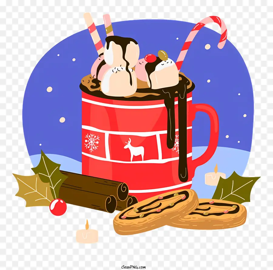 Nóng sô cô la Giáng sinh đối xử màu đỏ bánh quy kem - Mug đỏ lễ hội với sô cô la nóng và các món ăn