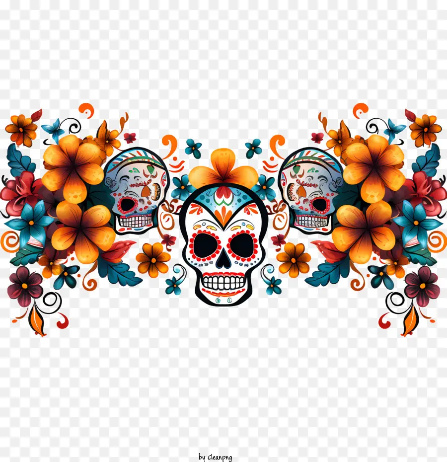 dia de muertos skulls flowers colorful border