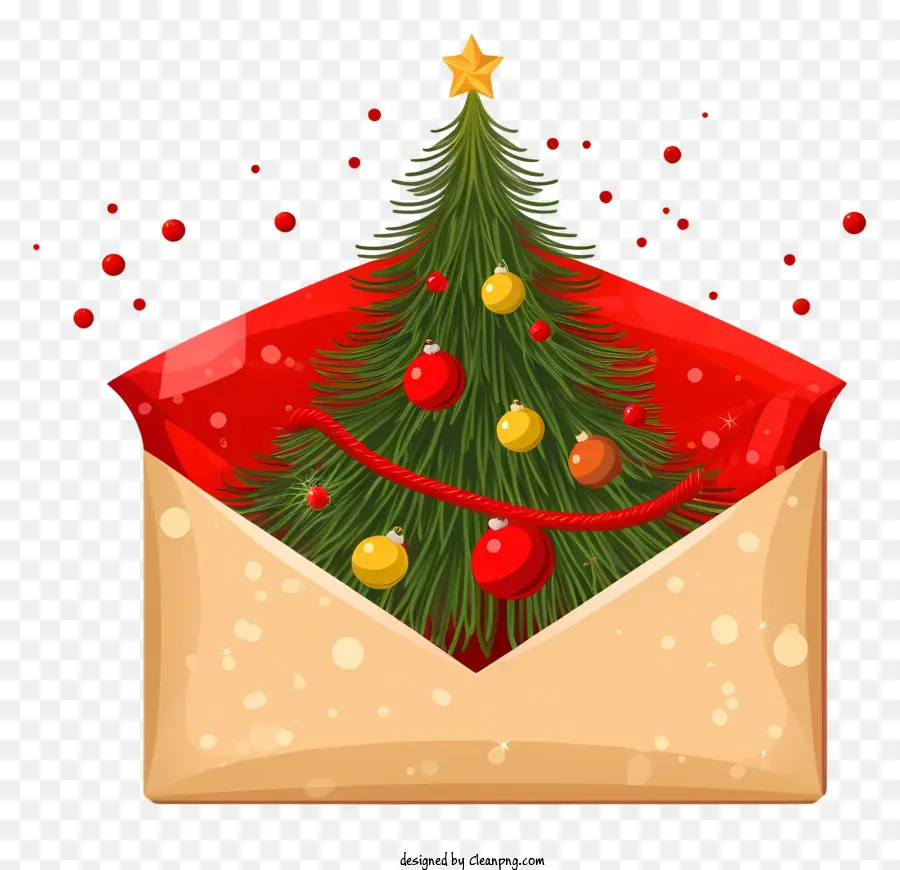 Weihnachtsbaum - Bild des roten Umschlags mit Weihnachtsbaum, Bällen und Schneeflockensiegel