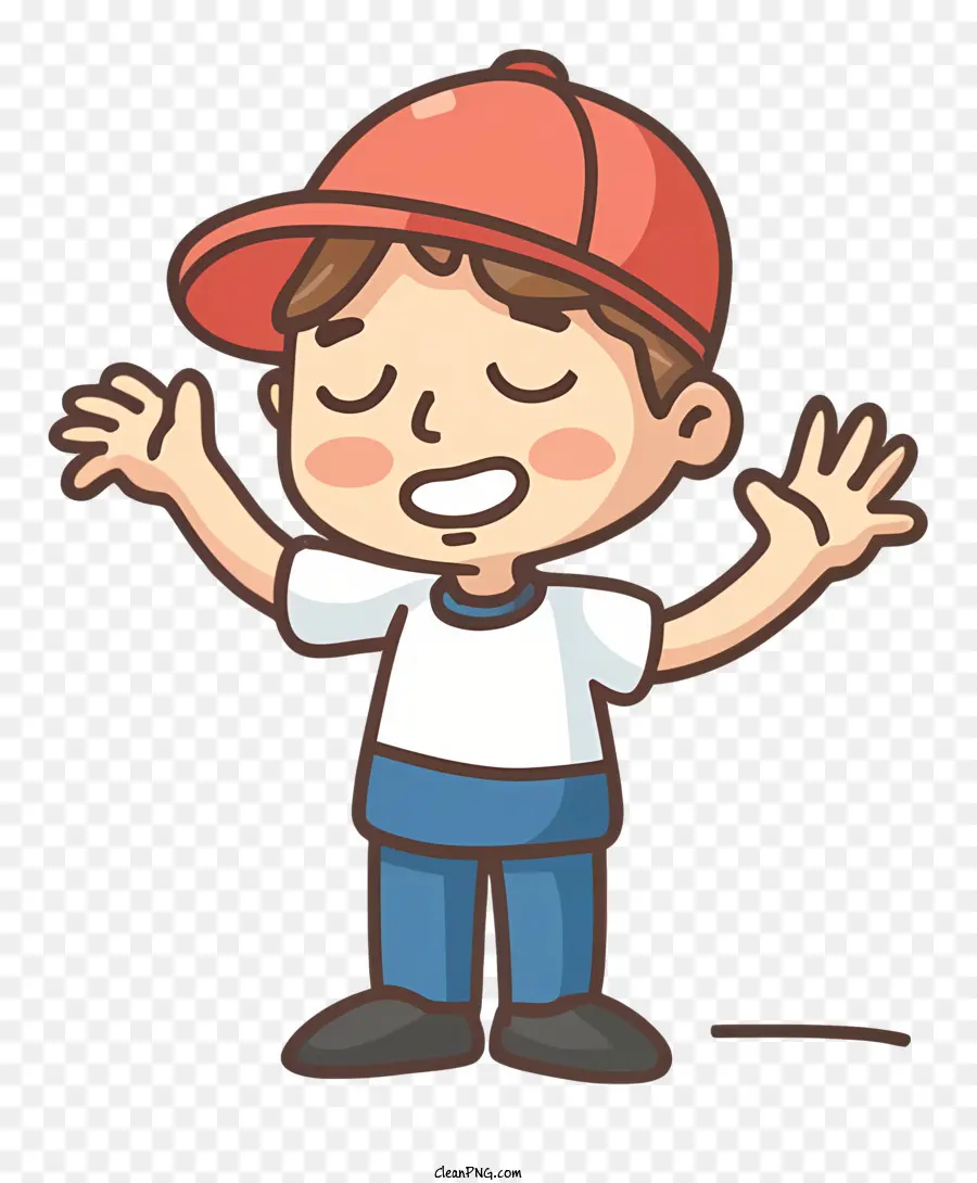 boy red baseball cap standing on one leg waving arms white shirt