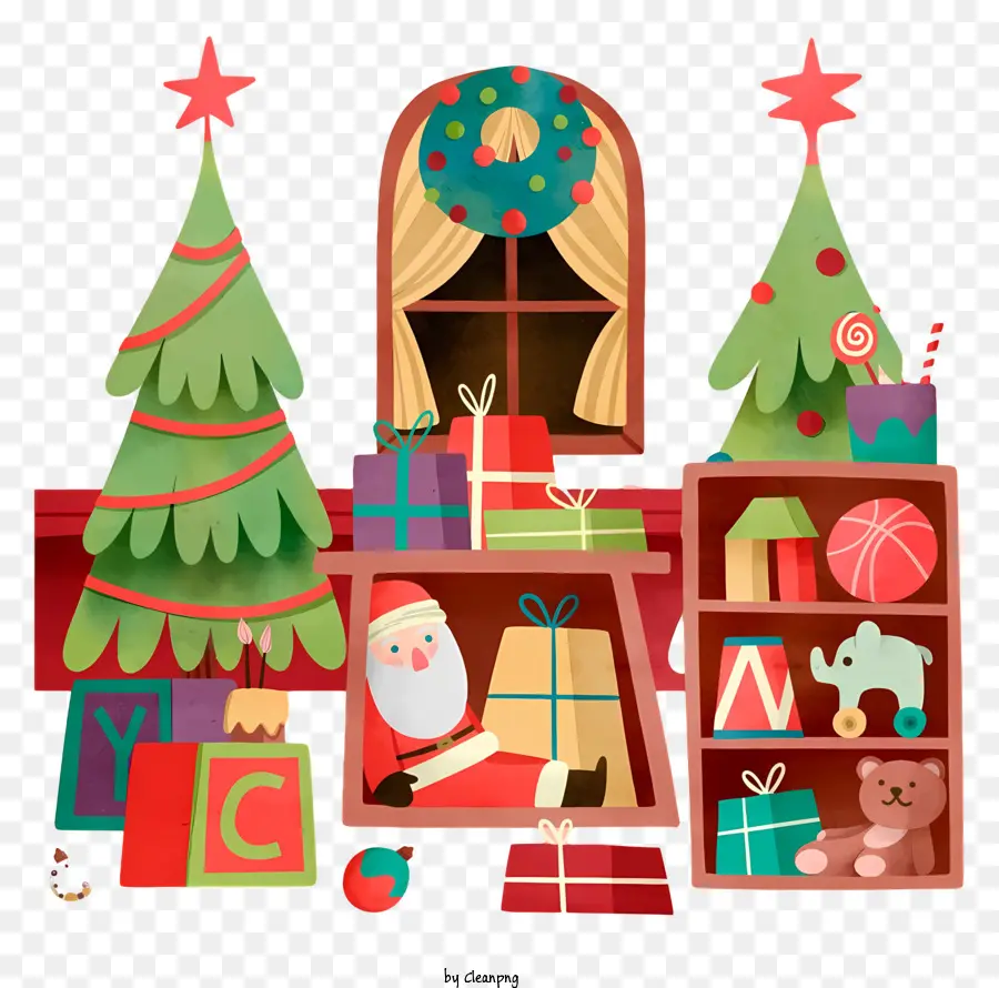 Weihnachtsmann - Festlicher Weihnachtsmann umgeben von Geschenken und Dekorationen