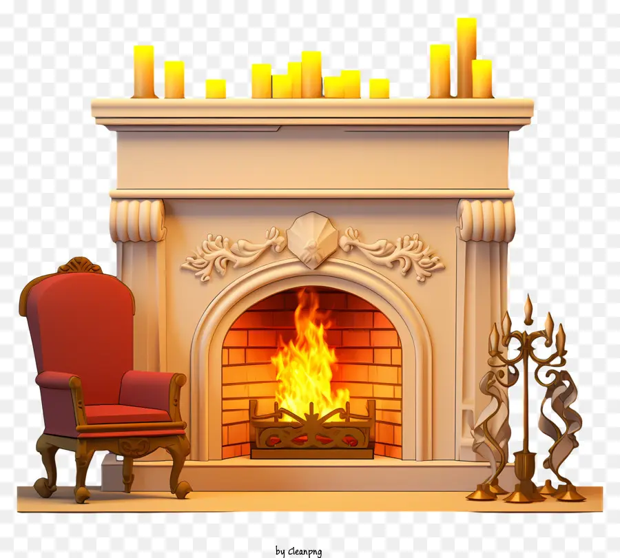 fireplace fire mantel red couch candles