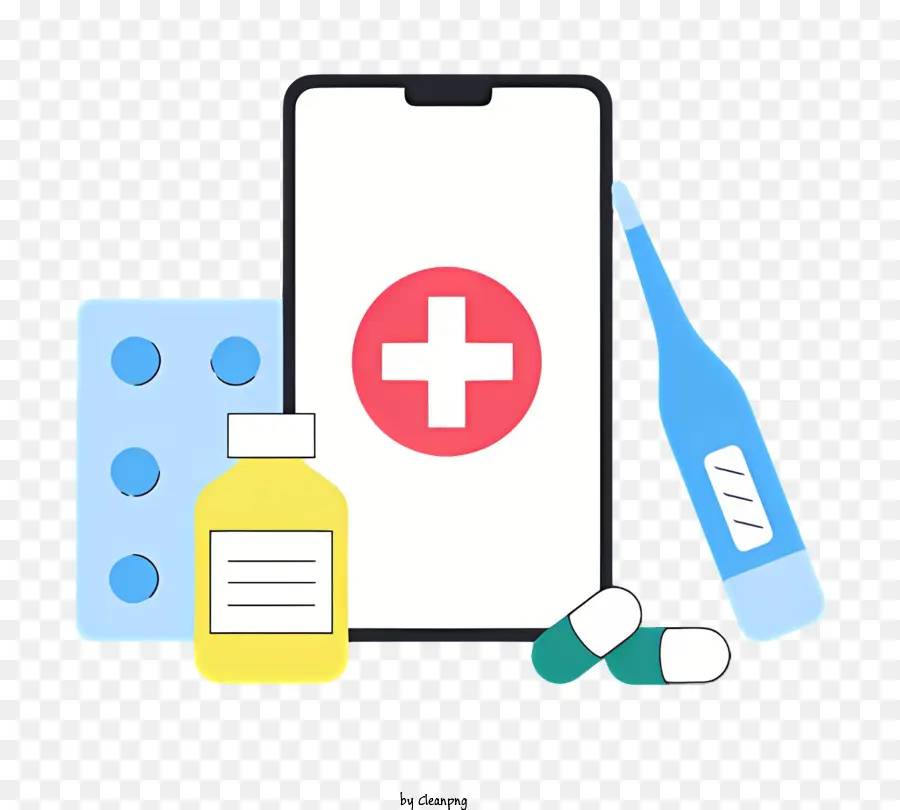 biểu tượng chữ thập đỏ - Ứng dụng y tế được hiển thị trên điện thoại thông minh với các mặt hàng dược phẩm
