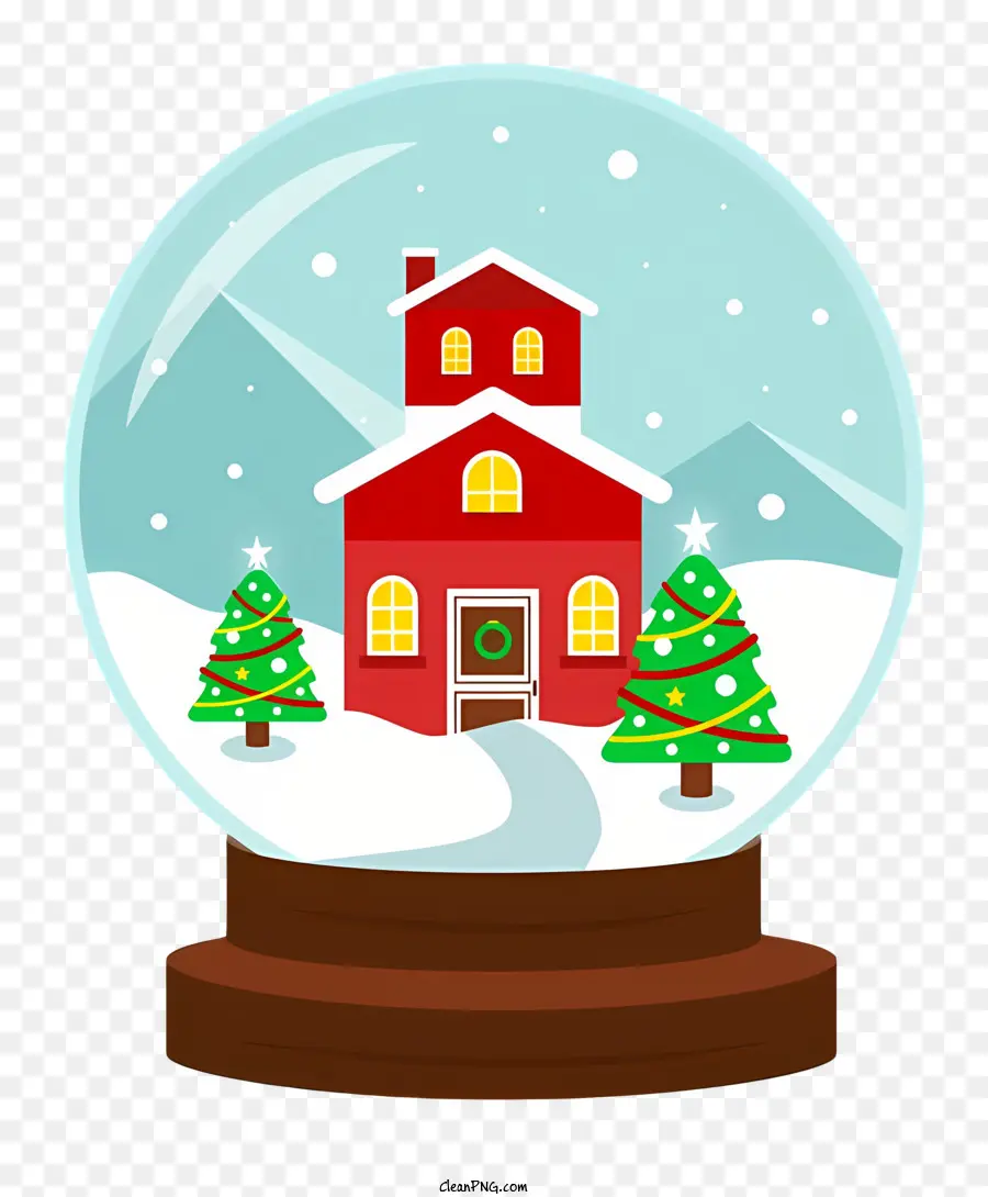 Weihnachtsbaum - Glaskugel mit schneebedeckter Landschaft, roter Haus, Weihnachtsbäume, Holzstand