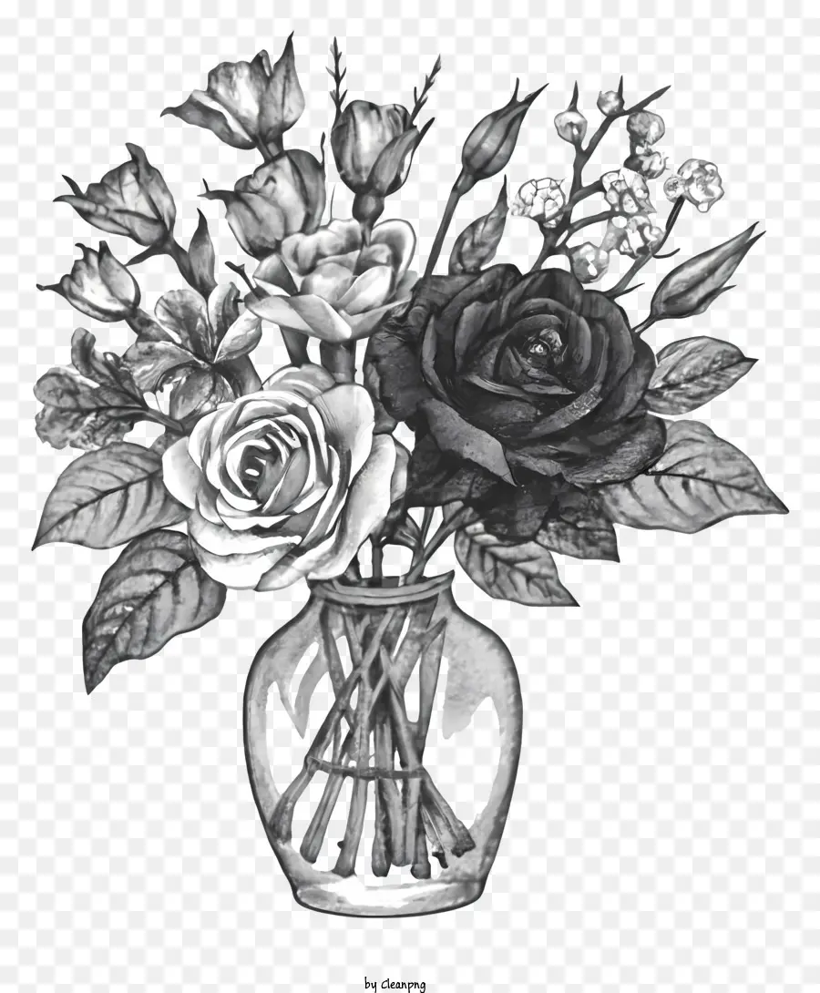Vase Bouquet Roses Glasweiß - Transparente Glasvase mit ungezwungener Anordnung von farbenfrohen Rosen auf schwarzem Hintergrund
