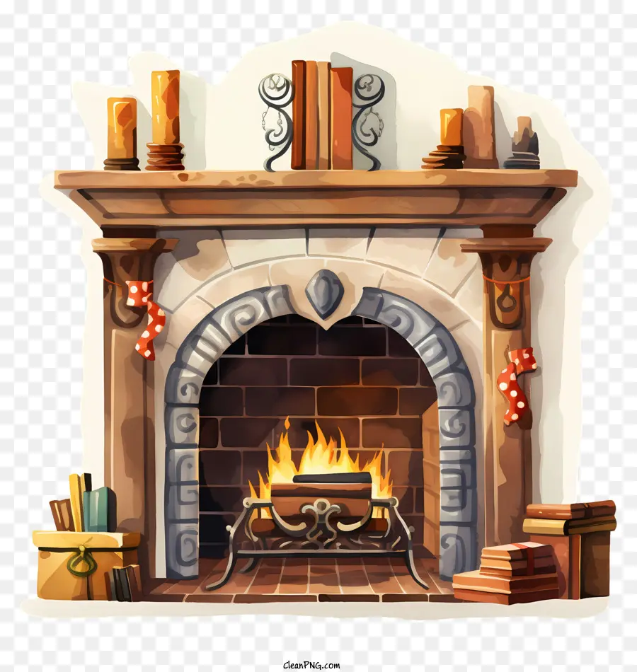 fireplace fire books candles mantle