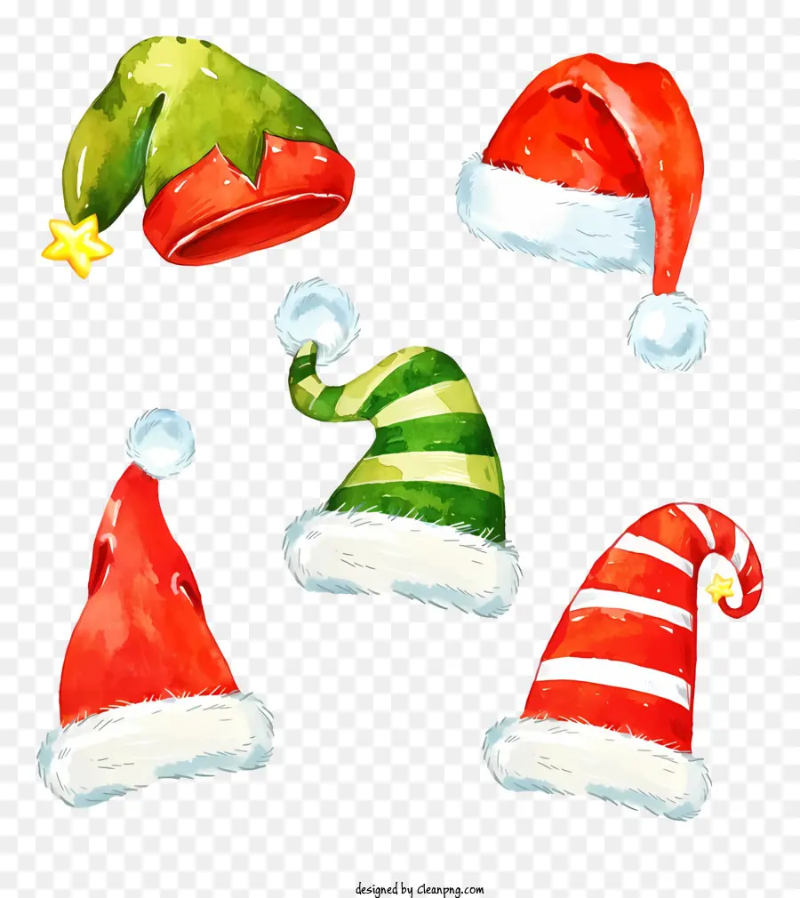 Weihnachten Hüte - Aquarell -Weihnachtshut -Illustrationen auf schwarzem Hintergrund