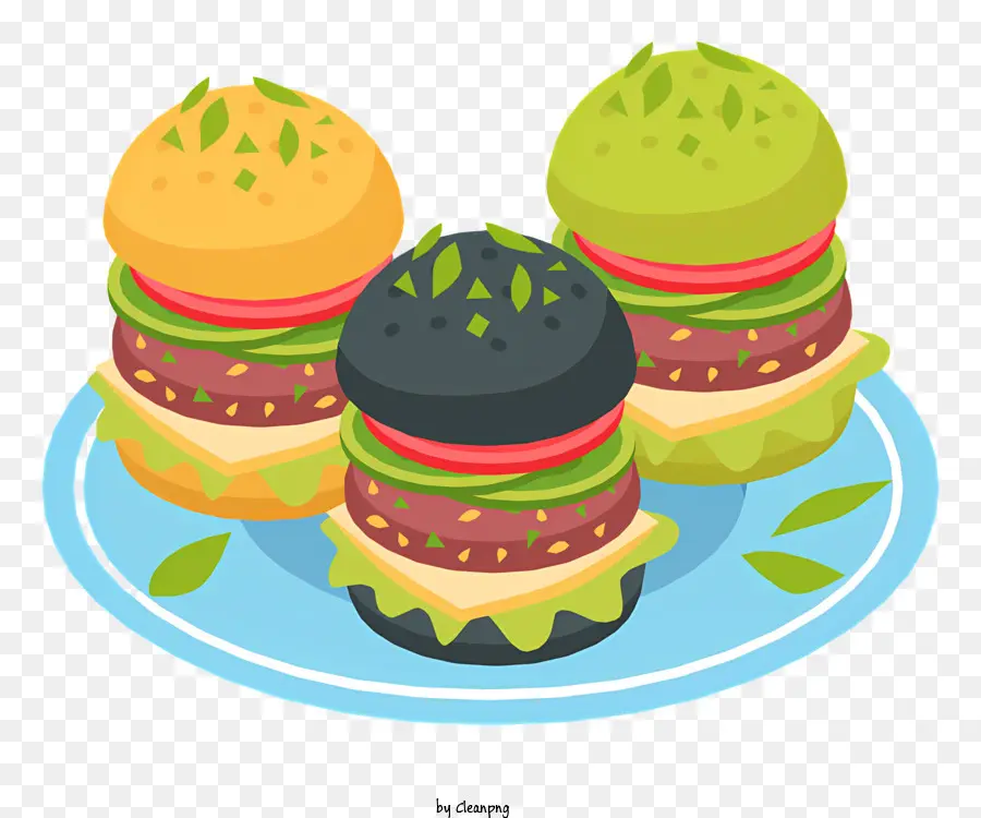 Hamburger - Tre hamburger con diversi condimenti sul piatto