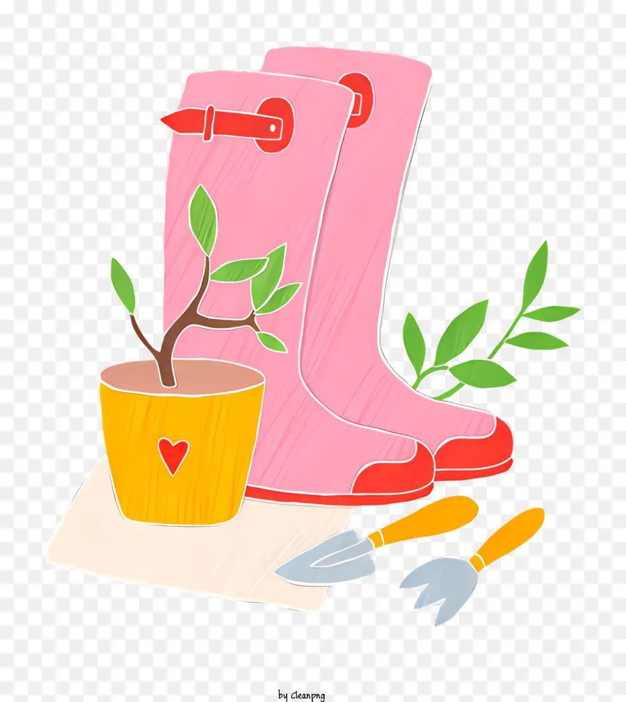 plant pot gardening boots tree pink boots green leaves