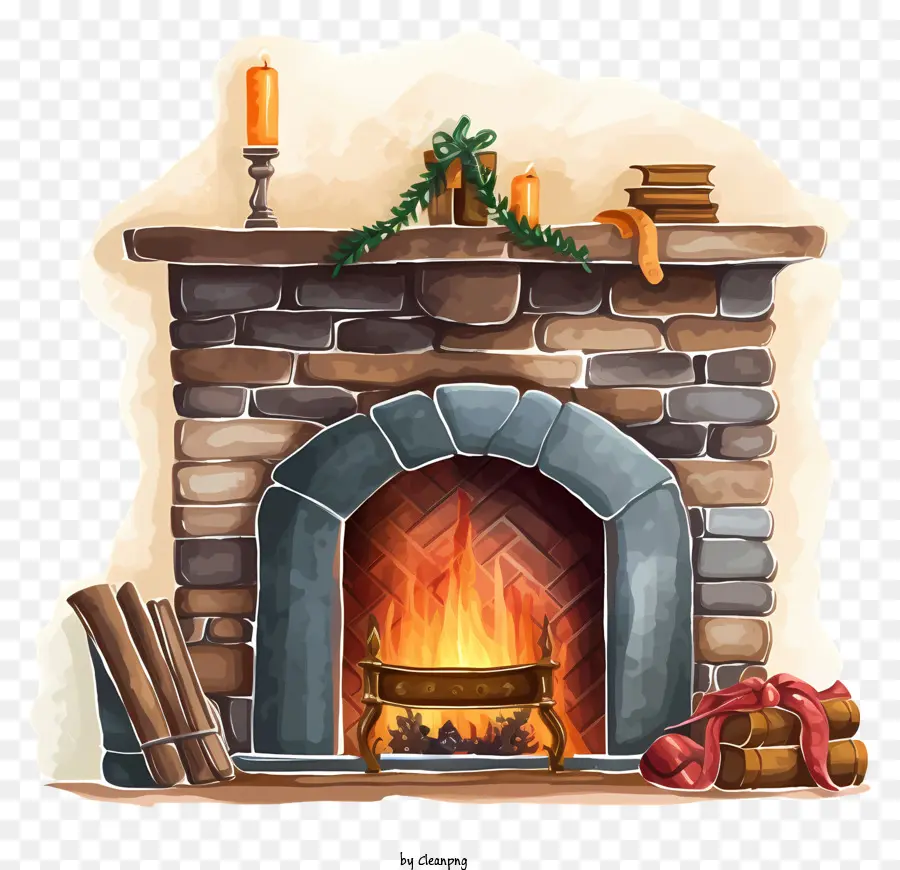 fireplace logs burning wreath greenery mantle