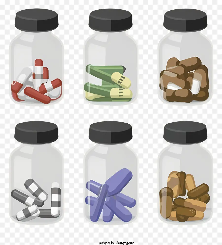 Plastikflaschen Pillen Vitamine Kräuterzusatz Medikamente - Pillen in verschiedenen Flaschen, die auf dunklem Hintergrund ausgestellt sind