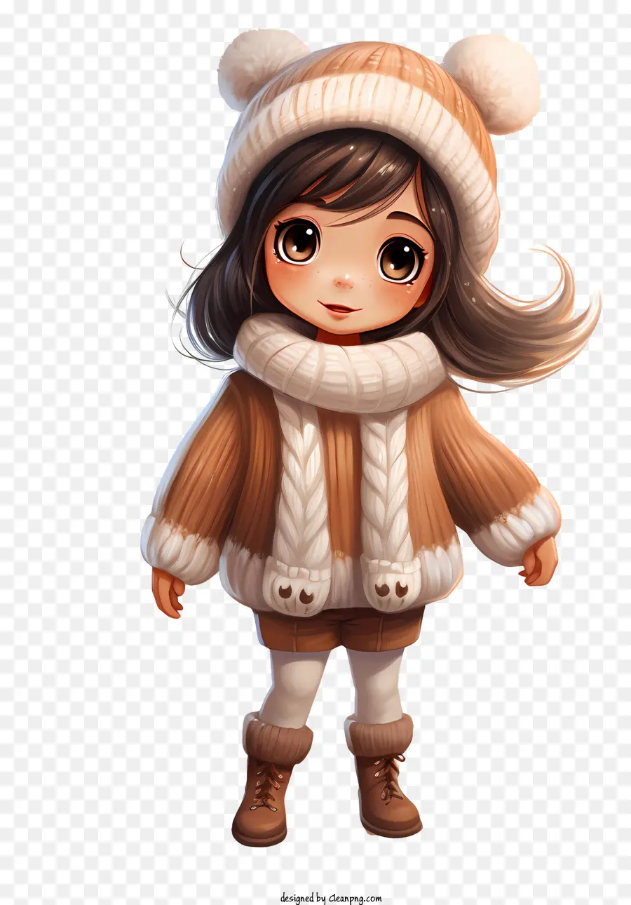 süßer Ausdruck brauner Pullover passender Hut kleine Teddybärenstiefel - Mädchen im braunen Pullover hält Teddybär
