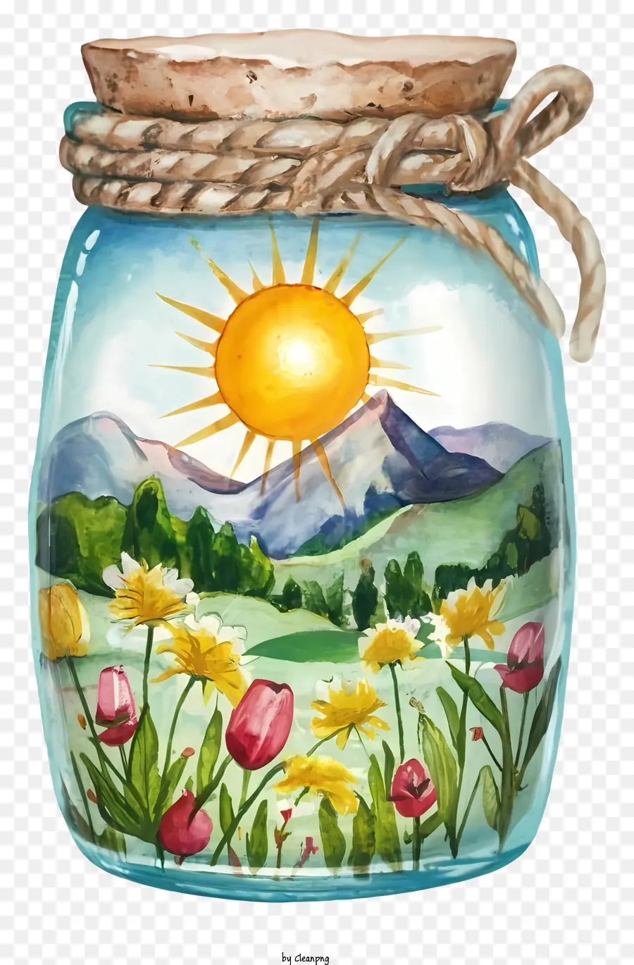 Gesteck - Lebendiges, mit Sonnenblumen gefülltes Glas am Tisch in der Landschaft