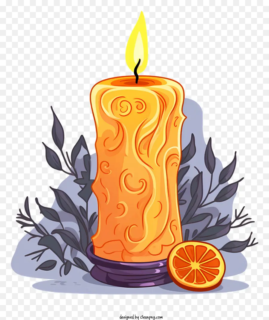 Orange - Kerze mit Orangenscheibe auf schwarzem Hintergrund