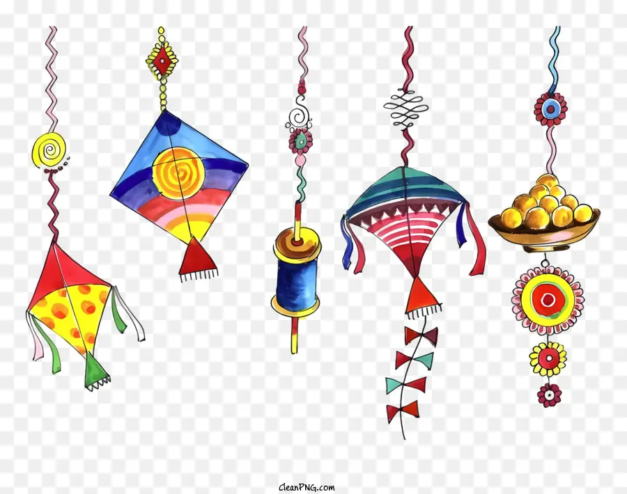 indische Dekorationen Buntes Sortiment Kites farbenfrohe Designs hängen Dekorationen - Bunte indische Dekorationen, Drachen mit lebendigen Designs