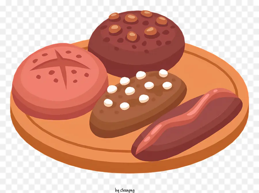pasticcini per ciambelle con le ciambelle dei biscotti al cioccolato a scacchi - Piastra con vari dolci, motivi in ​​legno, 2D