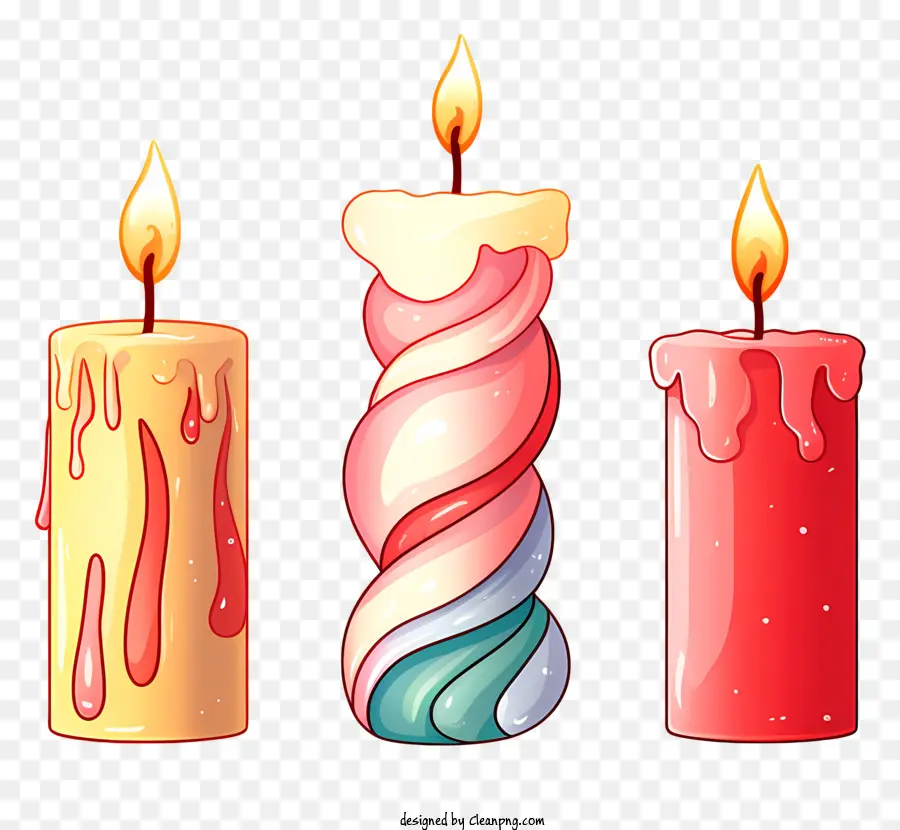Leuchtende Kerzen wirbeln Kerzendesigns rot -weißer Kerzengrün und blaue Kerzenrosa und lila Kerze - Kerzen mit wirbelnden Designs, die auf Schwarz brennen