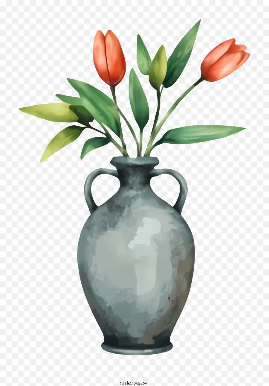 pittura ad acquerello tulipani rossi vaso sfondo nero pietra grigia - Pittura ad acquerello di tulipani rossi realistici in vaso