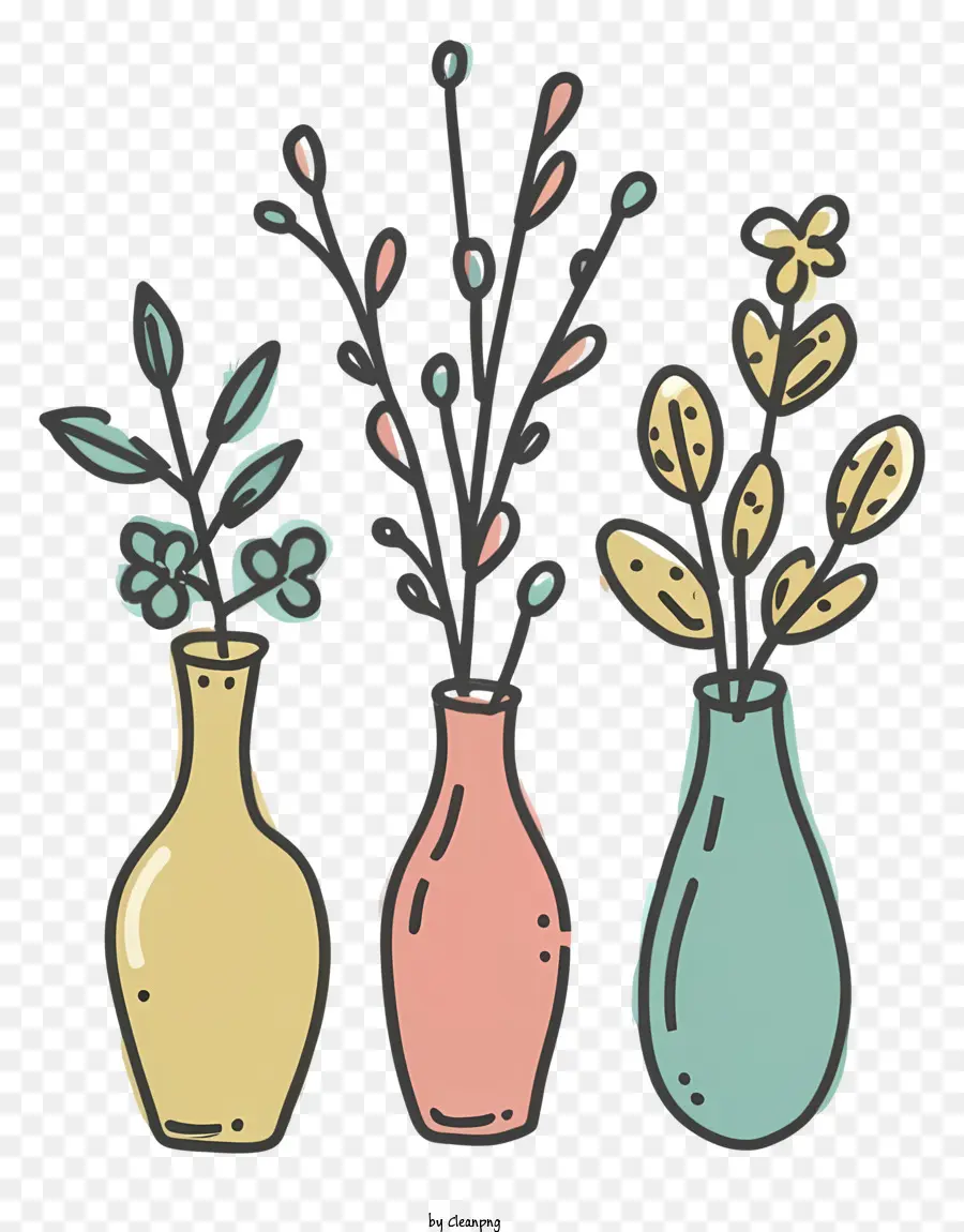 vases floral arrangements colored ceramics black background green plant