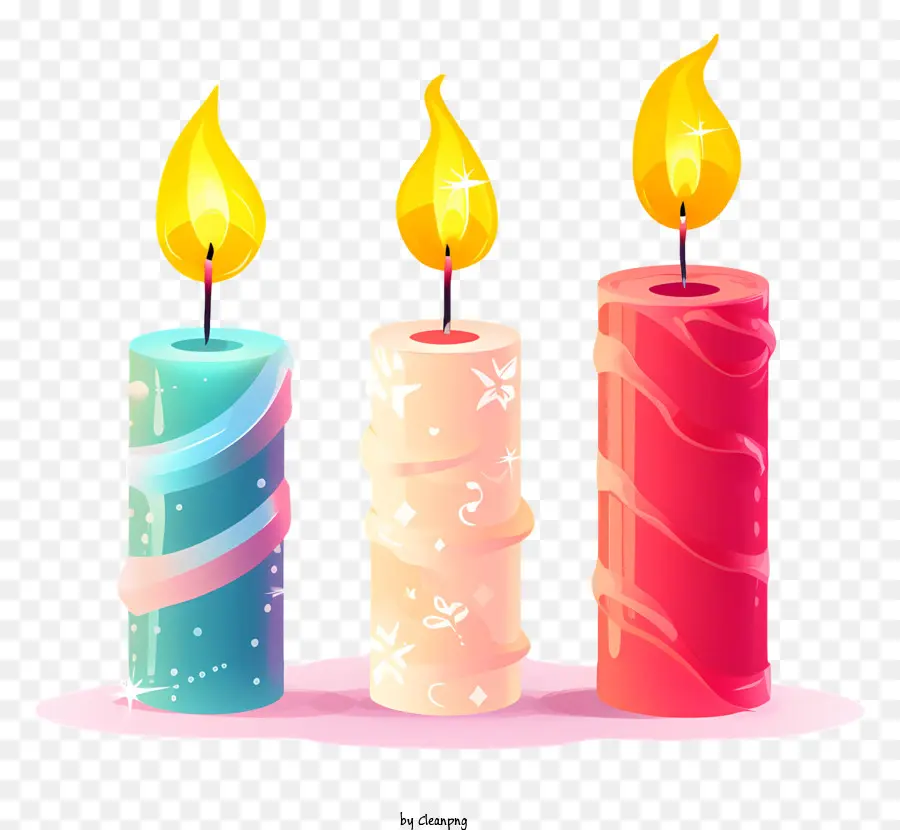 Kerzen beleuchtete Kerzen rosa und weiße Wirbel Kerzenblau und weiße Wirbel Kerze gelb und weiße Wirbel Kerze - Drei bunte Kerzen mit flackernden, hellen Flammen