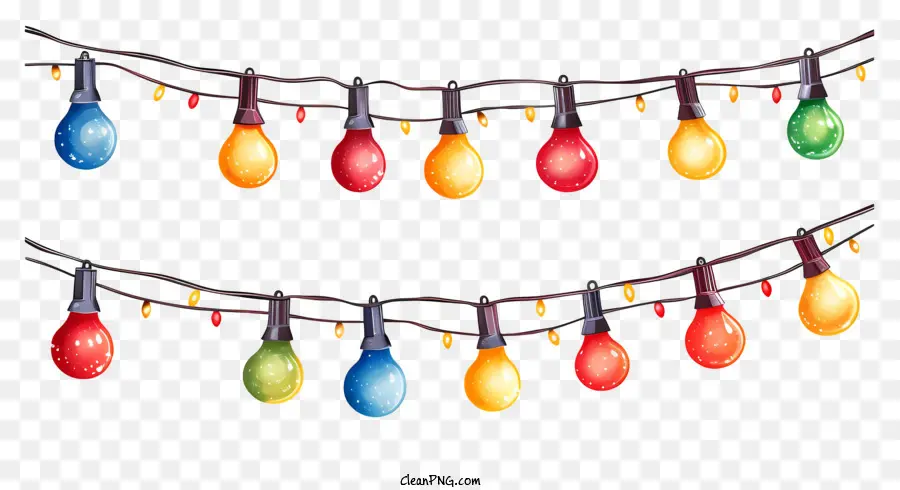 Weihnachtsbeleuchtung - Weihnachtslichter hängen an Draht auf schwarzem Hintergrund